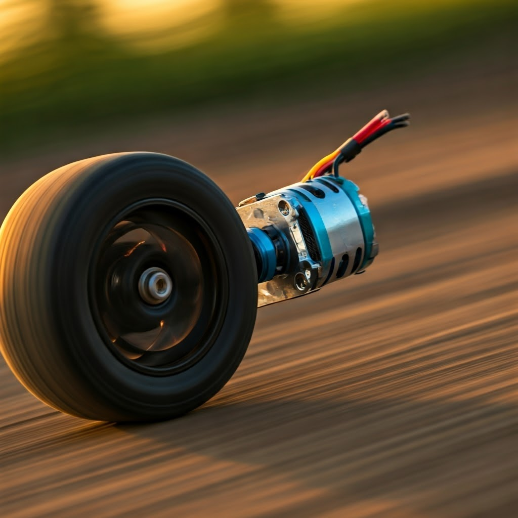 Close-up of a brushed DC motor driving an RC car wheel at speed