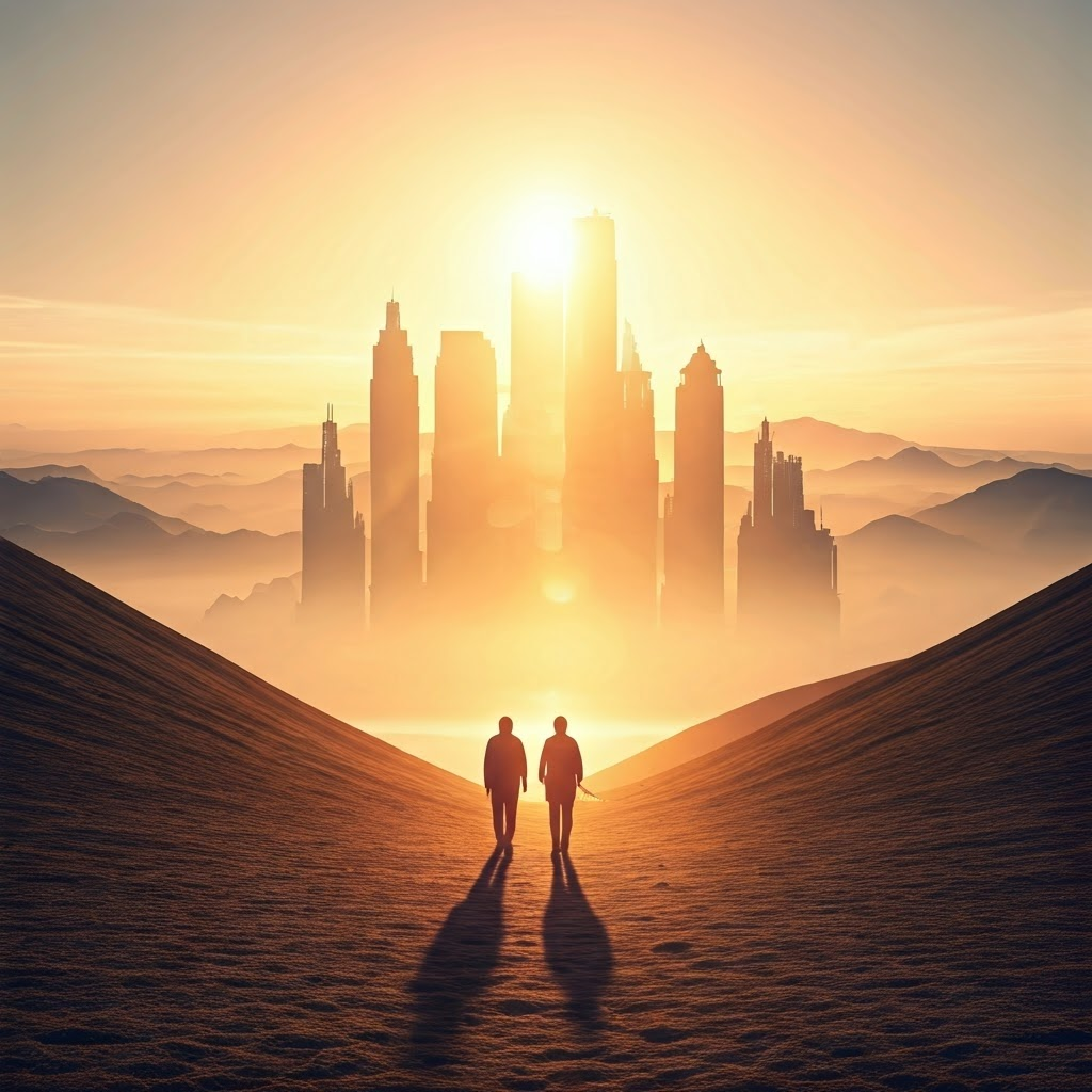 Scrolls morphing into city silhouettes on a sunrise path, blending past wisdom with future steps