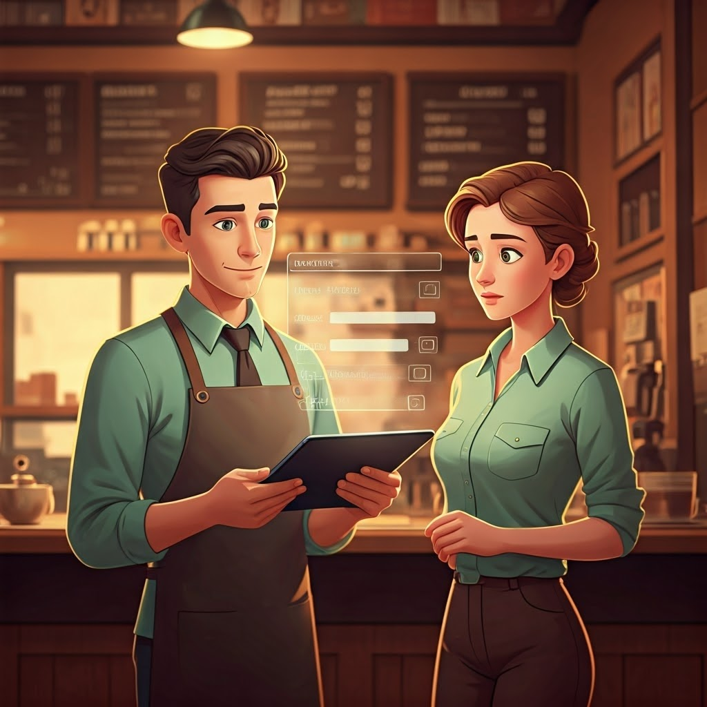 Barista asking puzzled patron for unnecessary personal details before Wi-Fi access, highlighting absurd data requests.