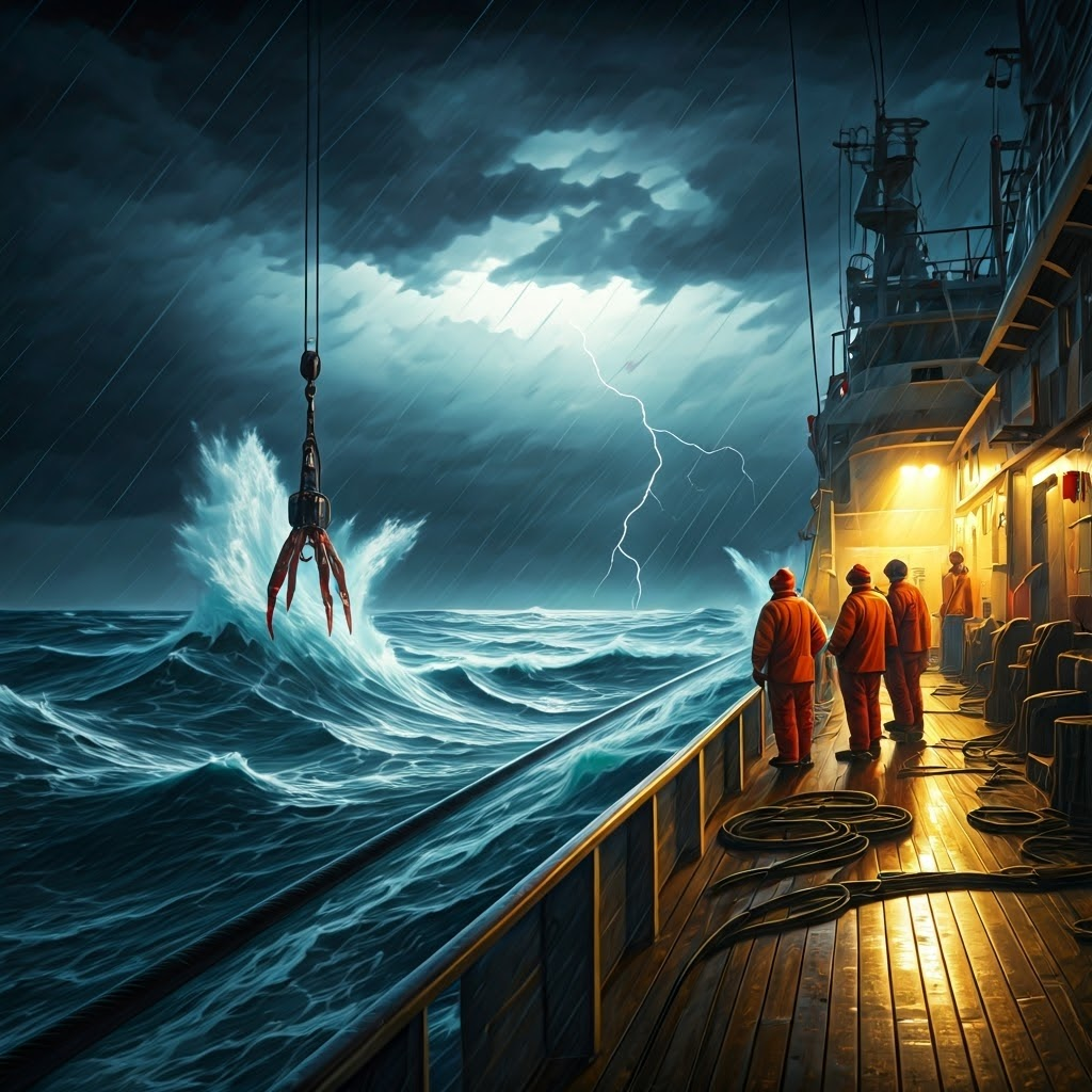 Storm-tossed repair ship hoisting a broken cable section for on-deck splicing under floodlights.