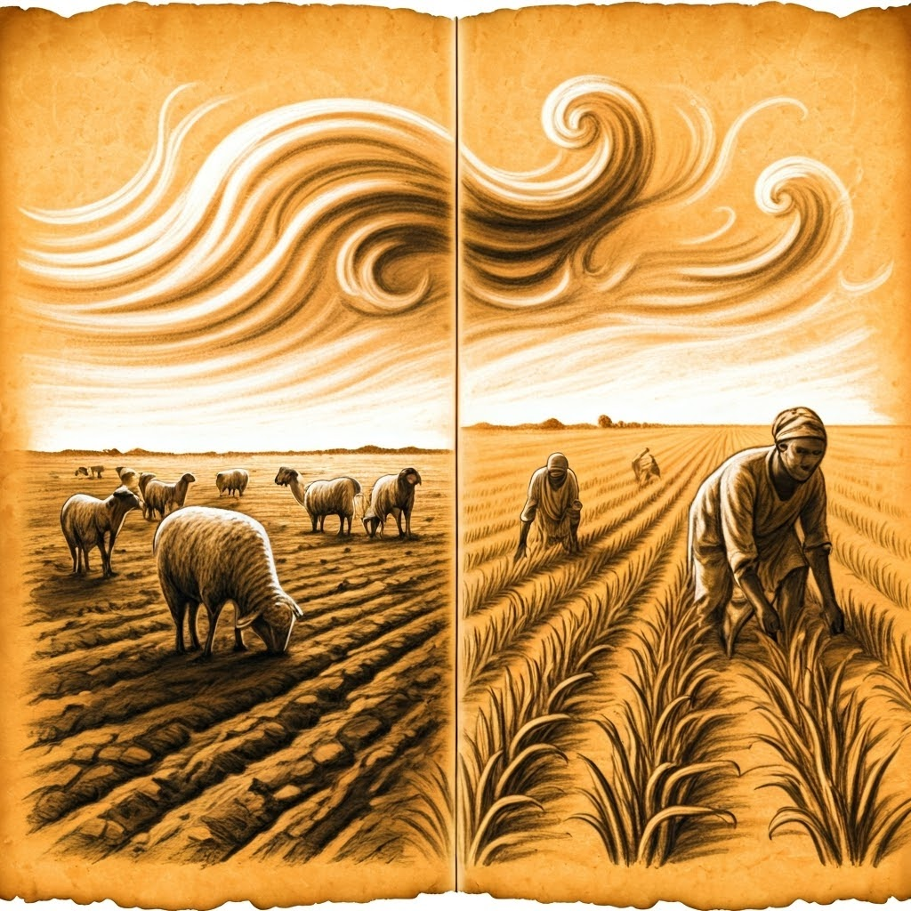 Charcoal scene of livestock overgrazing bare fields while African farmers plant maize