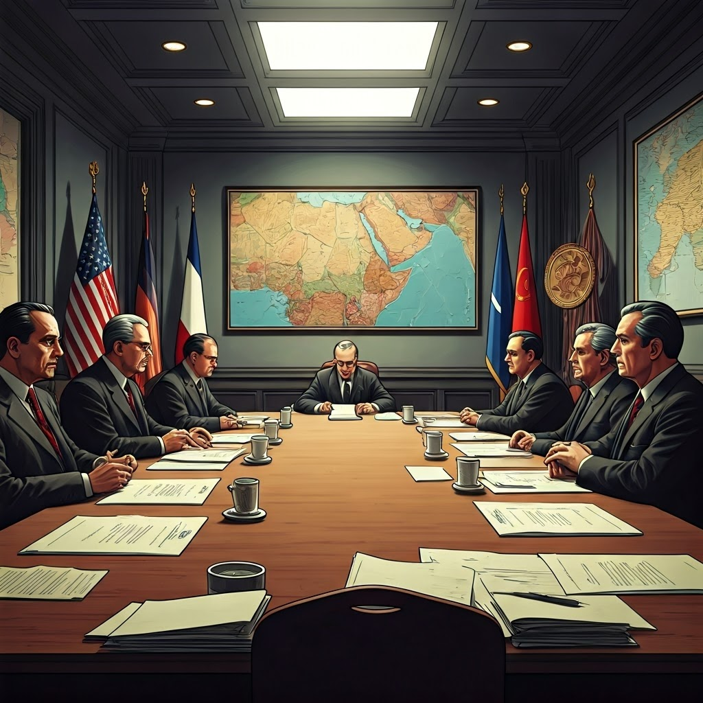 Delegates from Britain, France, Israel, the USA, and USSR sit around a tense table with Middle East maps—Cold War diplomacy in action