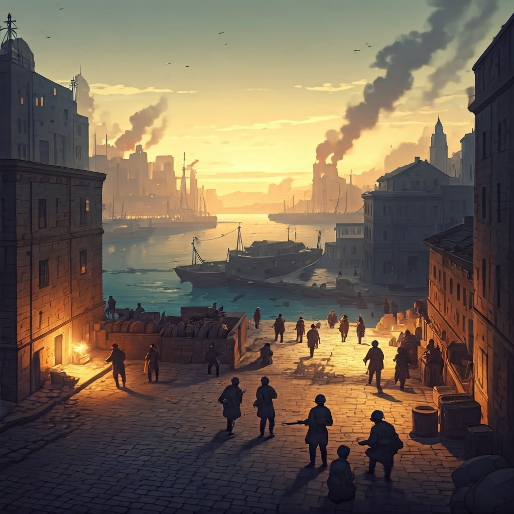 Dusk-lit port city where defenders erect barricades amid smoke and scarcity