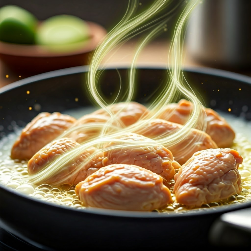 Chicken sizzling as glowing strands unravel, alongside curdling milk droplets, visualizing protein denaturation during cooking.