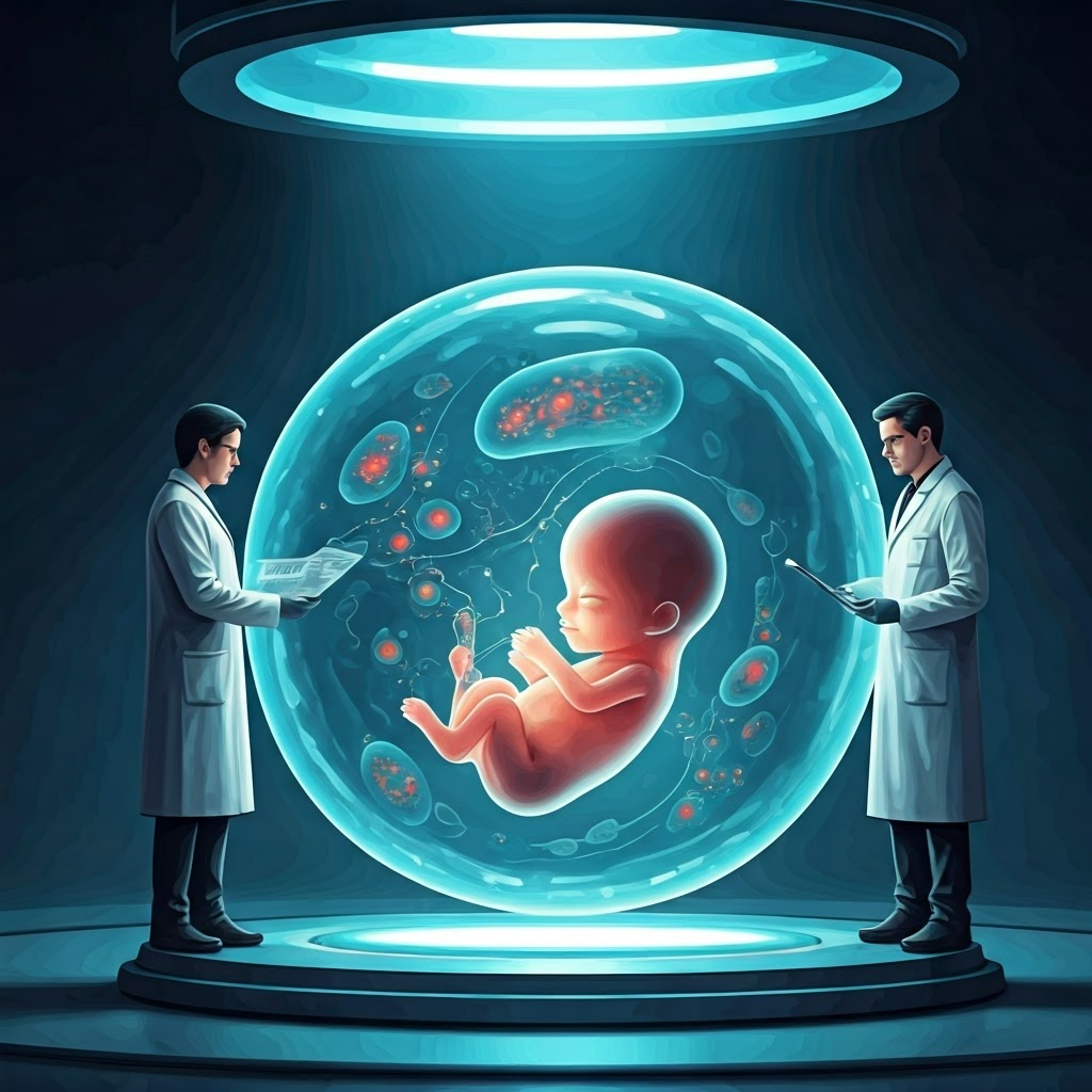 Futuristic watercolor of researchers linking DNA accessibility and RNA data in an embryo, showing cell fate decisions.