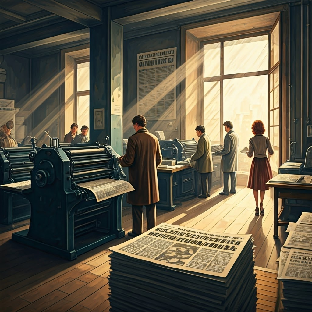 Bustling mid-1980s newsroom printing bold headlines about new openness