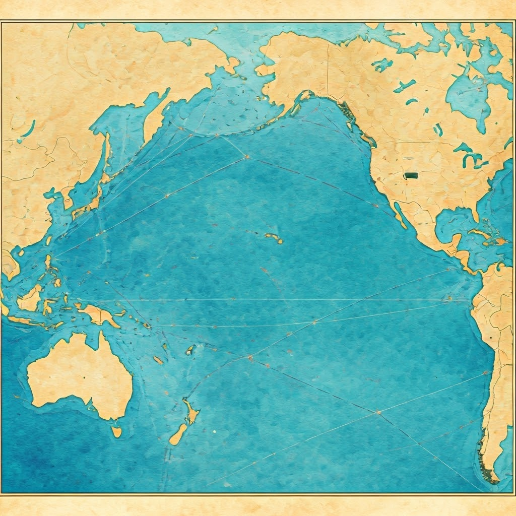 Watercolor map of the Pacific with supply routes, red dots marking key ports and illustrated ships.