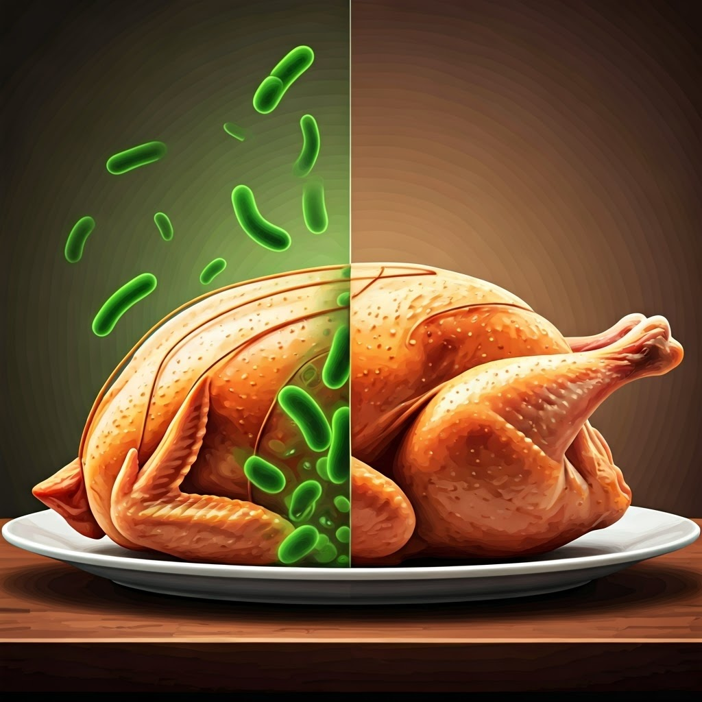 Cut-away chicken illustration contrasts harmless spoilage microbes with invisible disease-causing pathogens like Salmonella.