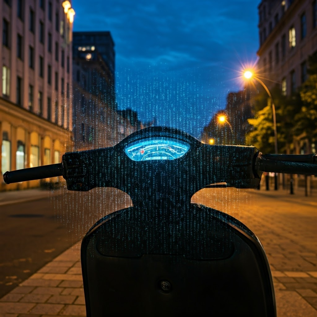 Scooter dashboard showing GPS map with highlighted geofence boundary at twilight city curb.