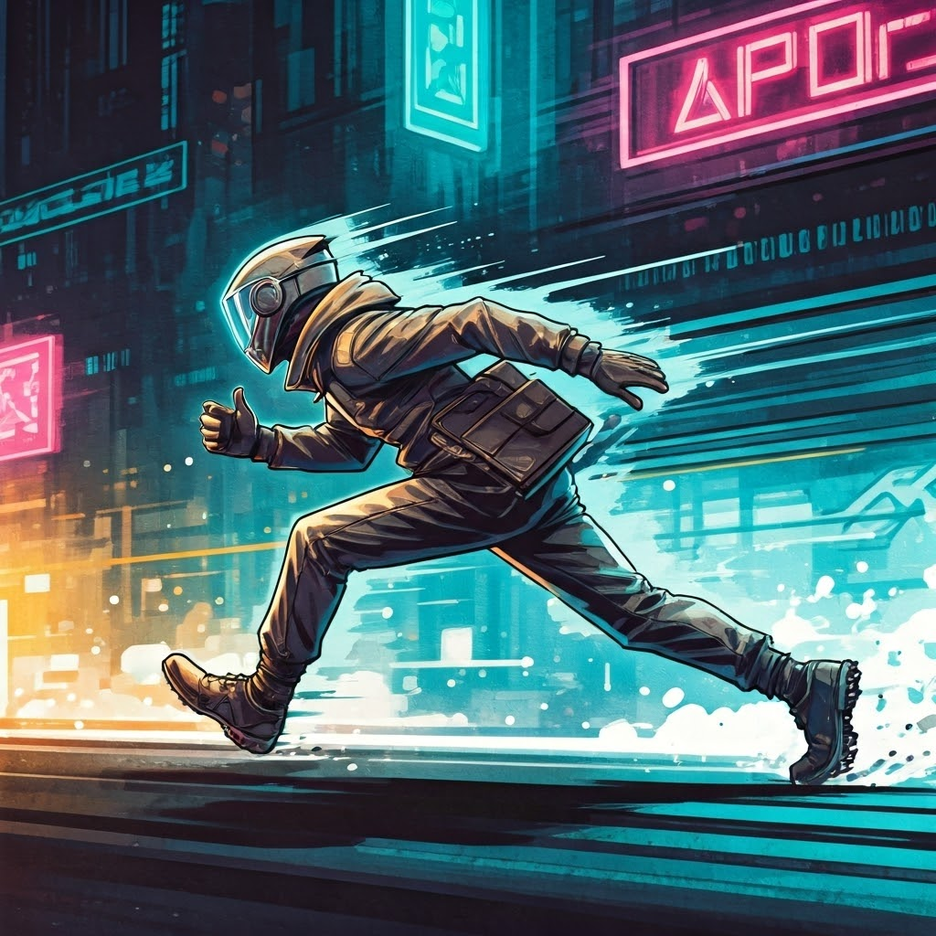 Dynamic courier sprinting through a neon city with data packets, representing speed and efficiency