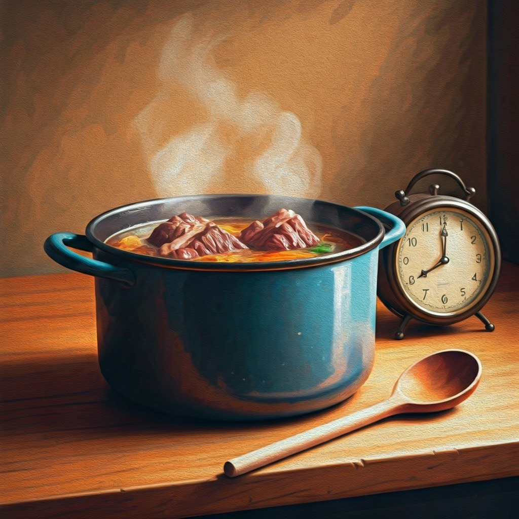 Rustic pot with beef simmering into silky broth
