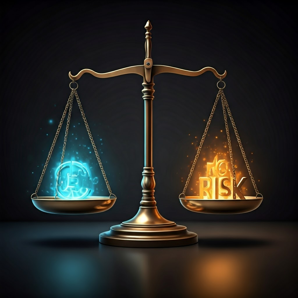 Balanced scale against a brain backdrop, showing careful reward-risk weighing.