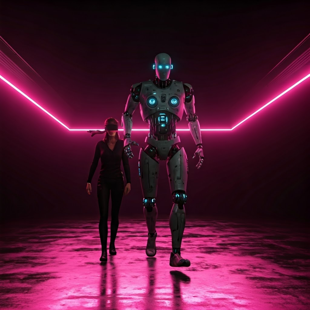 Sleek humanoid robot walks through neon-lit cyberpunk hallway, guiding a blindfolded human companion