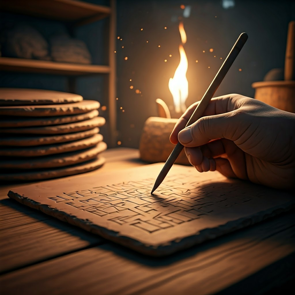 Chiaroscuro 3D art of a hand pressing wedge marks into wet clay, shelves of tablets behind, stressing the tactile birth of writing.