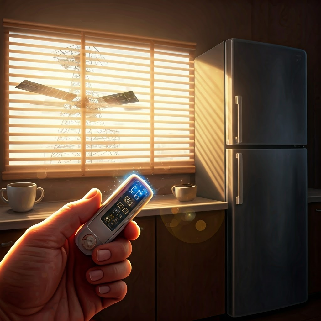 Hand holds a kitchen thermometer while sunlight and appliance hum add interference, representing everyday noise sources.