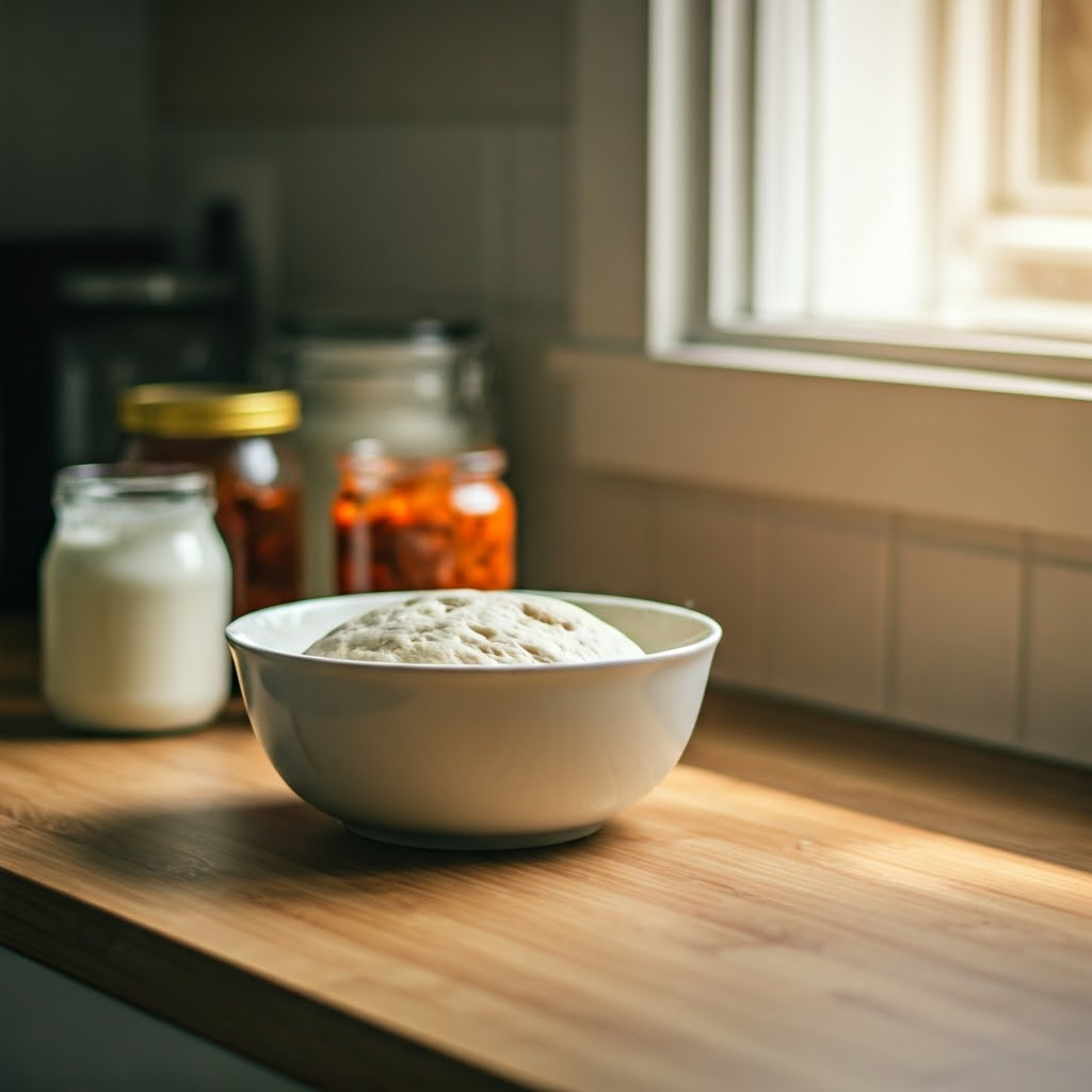 Sunlit kitchen counter showing rising bread dough beside colorful jars of yogurt and kimchi, illustrating everyday fermentation at home