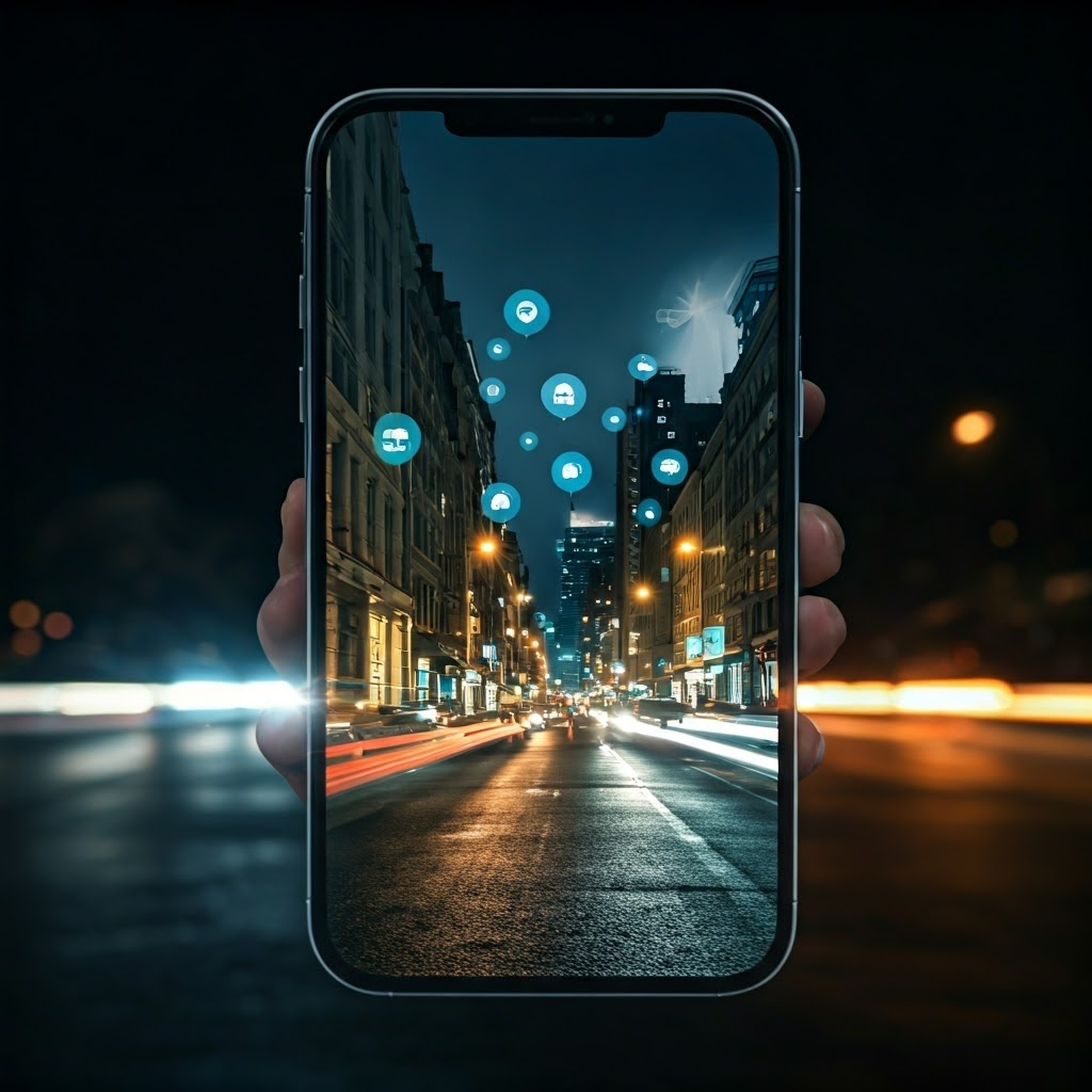 Double exposure of smartphone over a city, icons for voice and vision