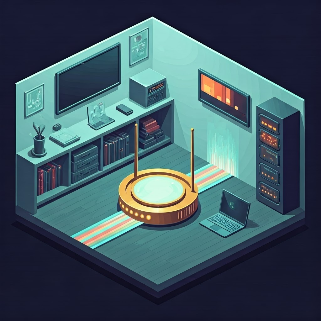 Home router hub glowing, beams flowing to many gadgets in a living-room control center