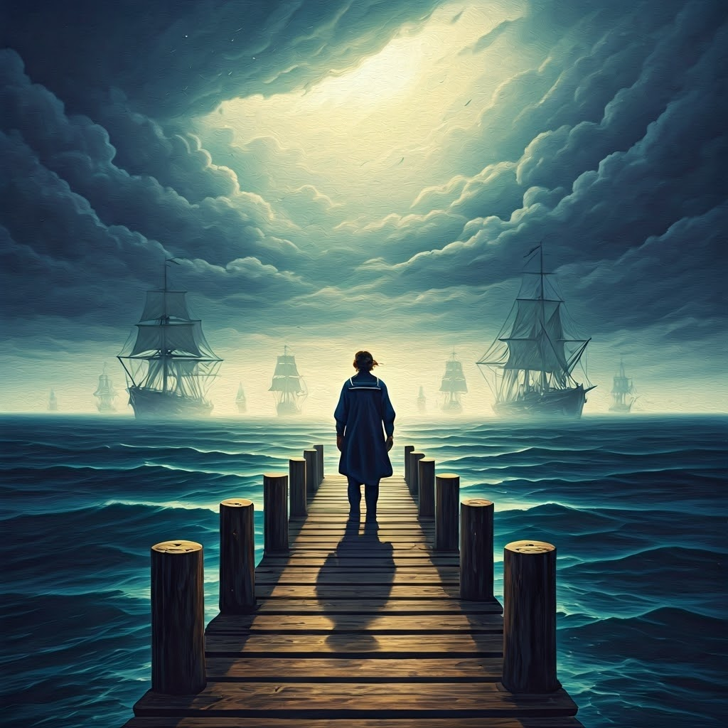 Epic painting of a lone sailor on a pier, storm-shaped warships looming in distant clouds over vast ocean.
