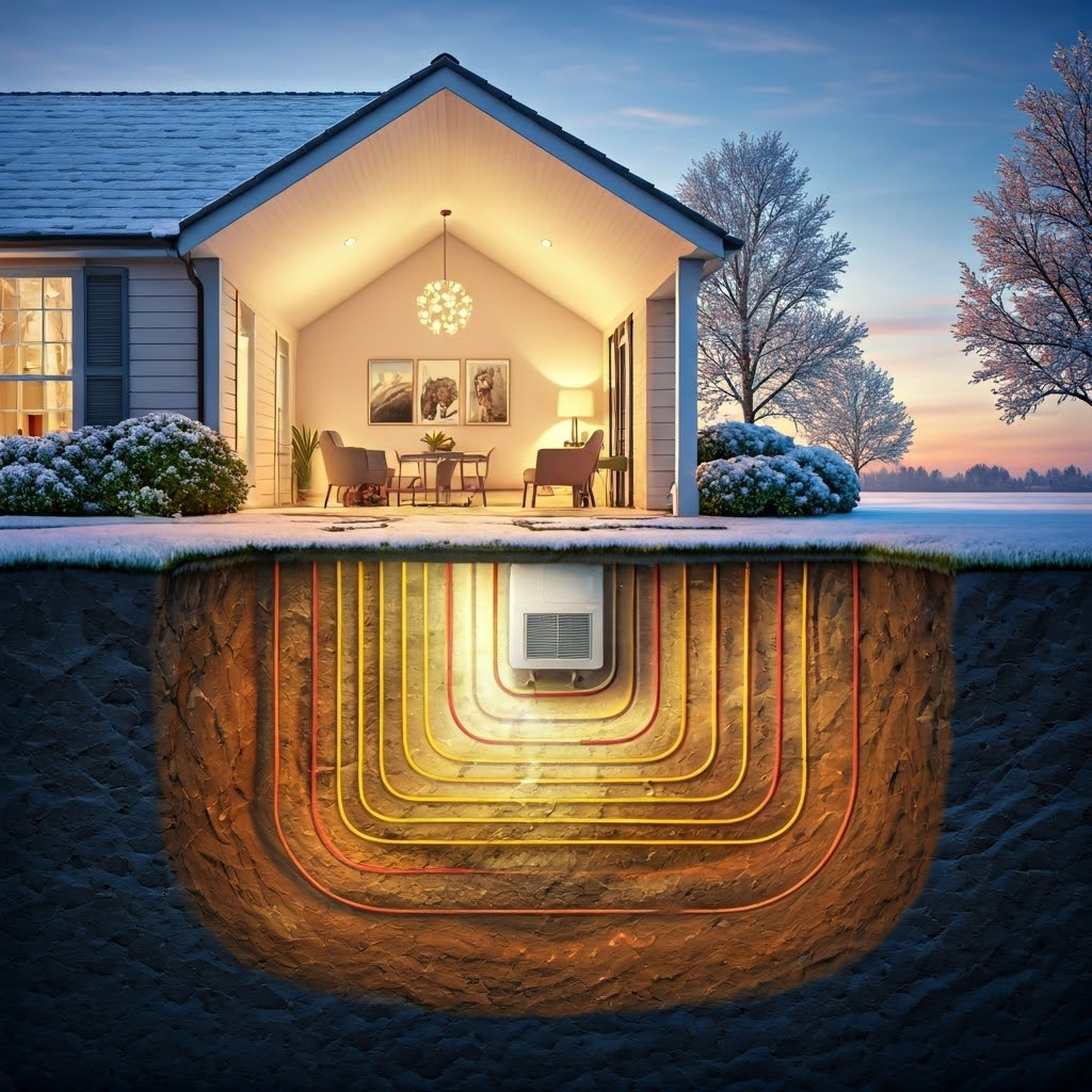Suburban cutaway shows a buried ground-loop heat pump warming a snow-dusted home glowing with indoor comfort.