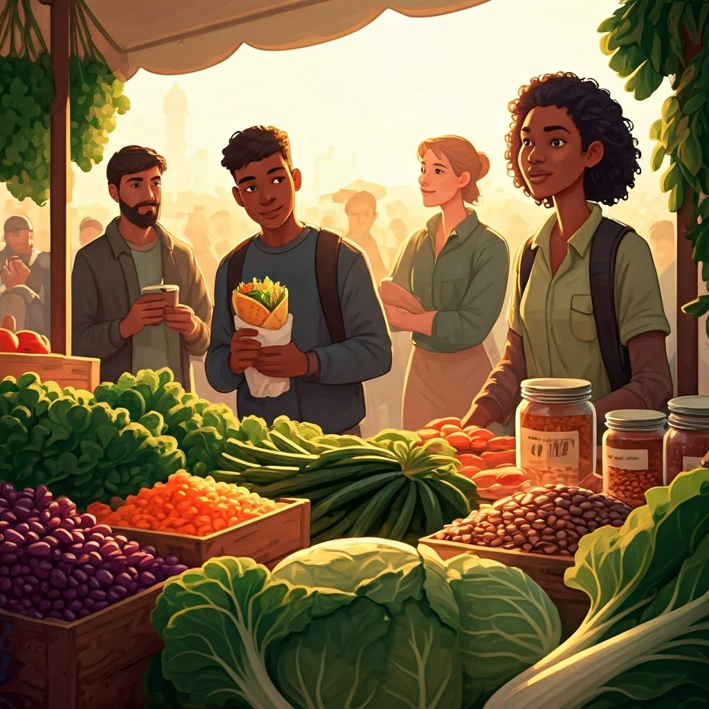 Sunrise farmers market showing people sampling bright produce, symbolizing the wide appeal of plant-focused diets