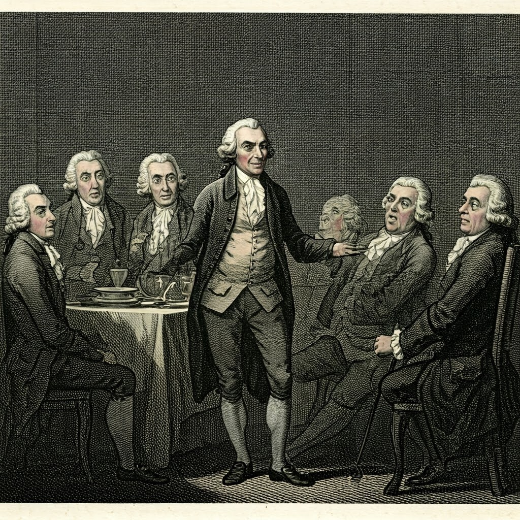 Stark woodcut of Swift proposing a monstrous dinner to shocked gentlemen in powdered wigs