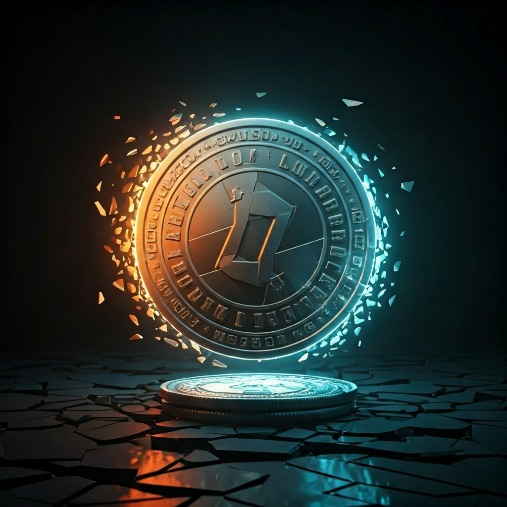 Single coin splitting into duplicates against glitchy background, showing risk of copying digital money