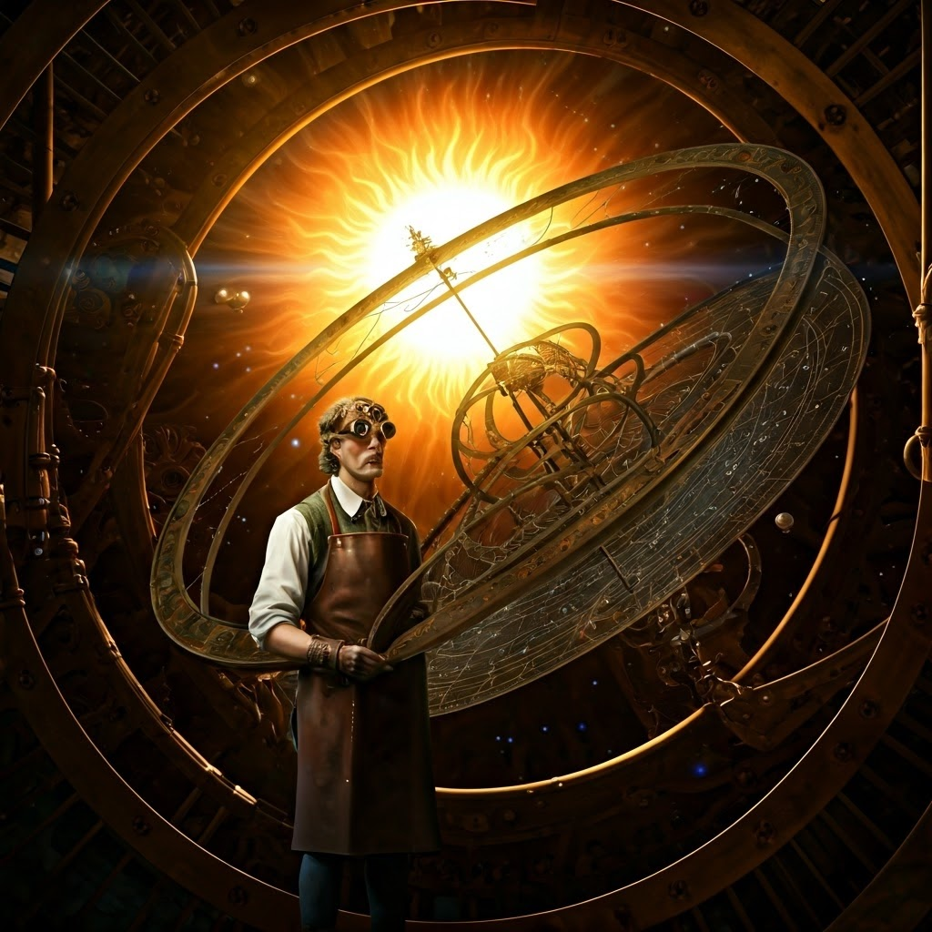 Concept art of Johannes Kepler using a mechanical device to map planetary ellipses.
