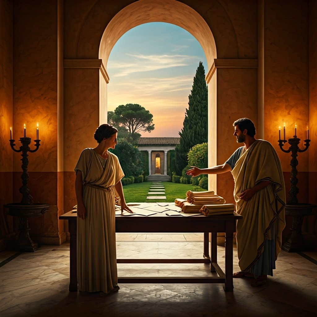 In a lamplit Roman domus, a matron reviews scrolls while a male relative supervises, showing both her agency and his oversight.
