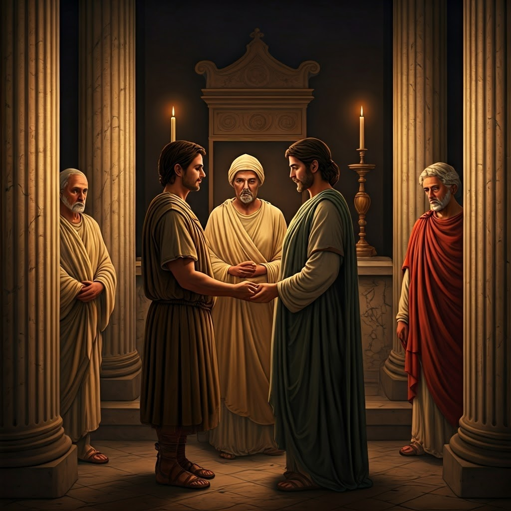 Patrician and plebeian couple exchanging vows, symbolizing social change