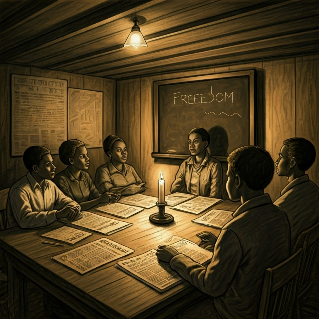 Community members gather in a dim church basement to study and organize, symbolizing grassroots resistance to segregation.