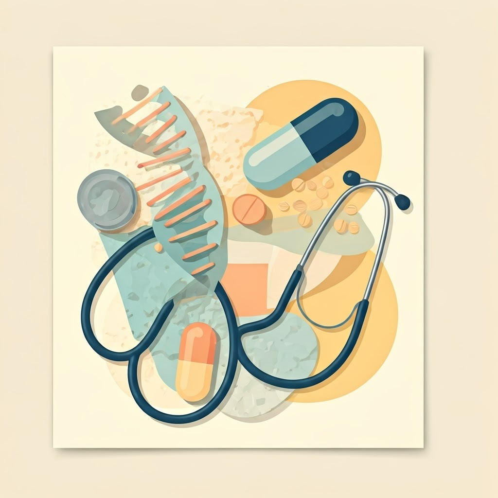 DNA strands merging with stethoscopes and pills, depicting personalized healthcare
