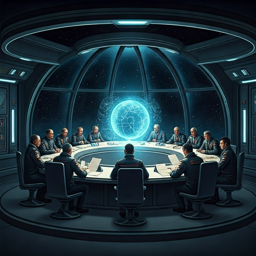Diverse diplomats meet in a circular space station chamber above Earth to discuss international lunar treaties