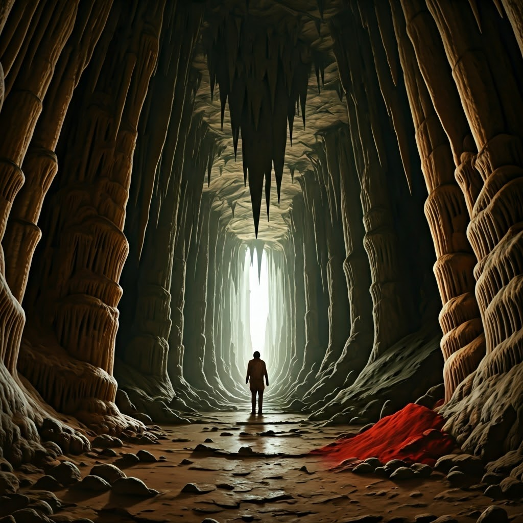 A lone explorer stands in a torch-lit cavern, pigments in hand, listening to dripping water and studying rough walls