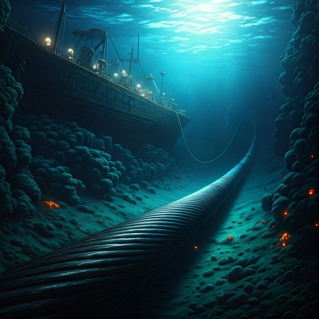 Telegraph cable resting on the ocean floor beside soft blue bioluminescent sea life