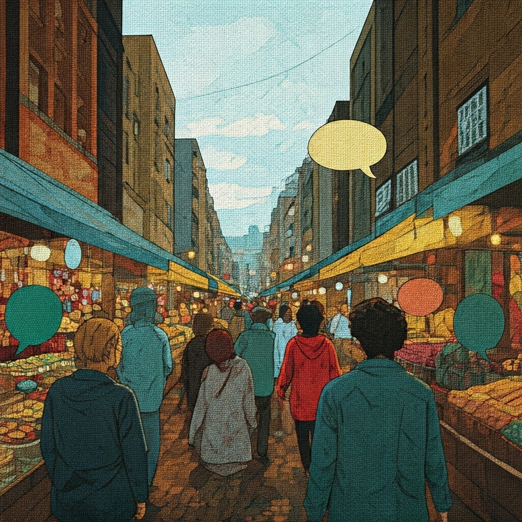 Crowded global market scene with speech bubbles showing varied accents