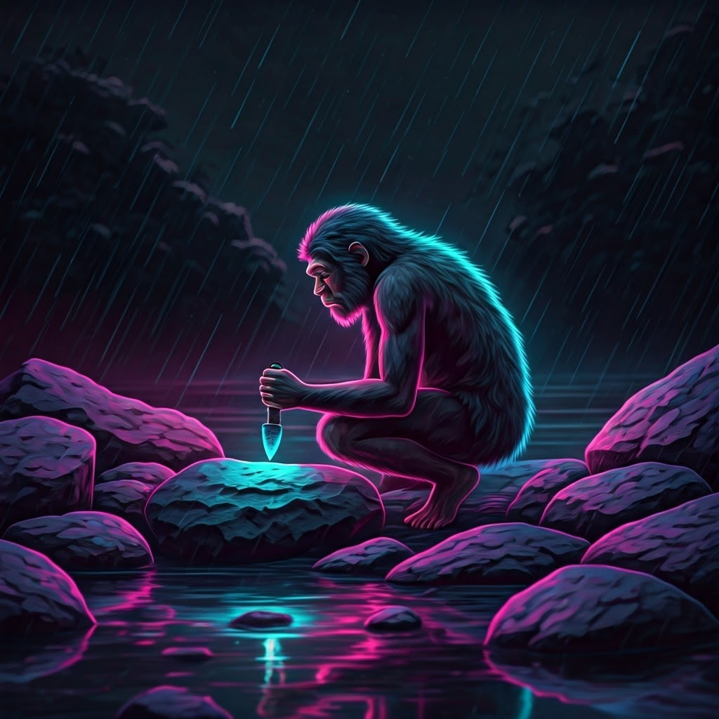 Neon-lit scene of Homo habilis shaping a sharp stone beside a twilight riverbank.