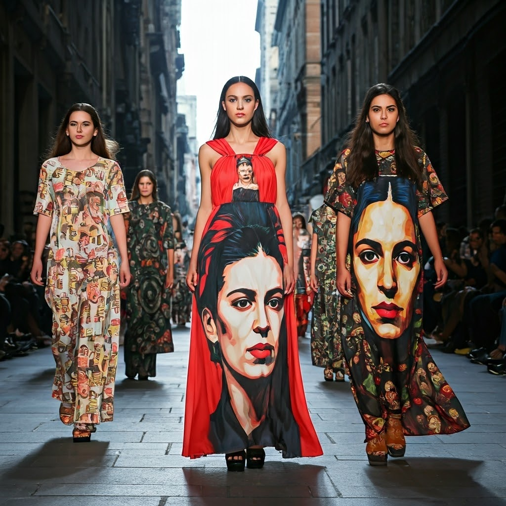 Fashion runway with models wearing garments printed with Kahlo motifs and protest slogans