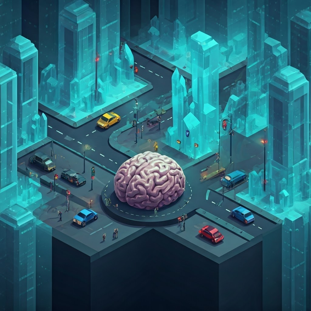 Isometric sci-fi cityscape brain with labeled roads DMN, ECN, and SN, tiny cars zipping under hovering signal lights.