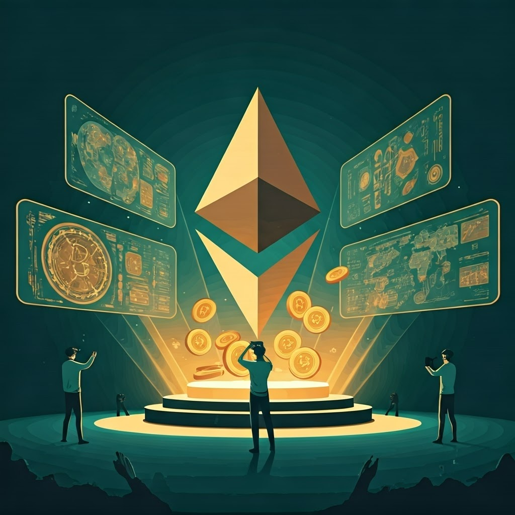 Retro-futuristic stage where participants in VR launch a glowing Ethereum logo and funnel tokens into a transparent vault