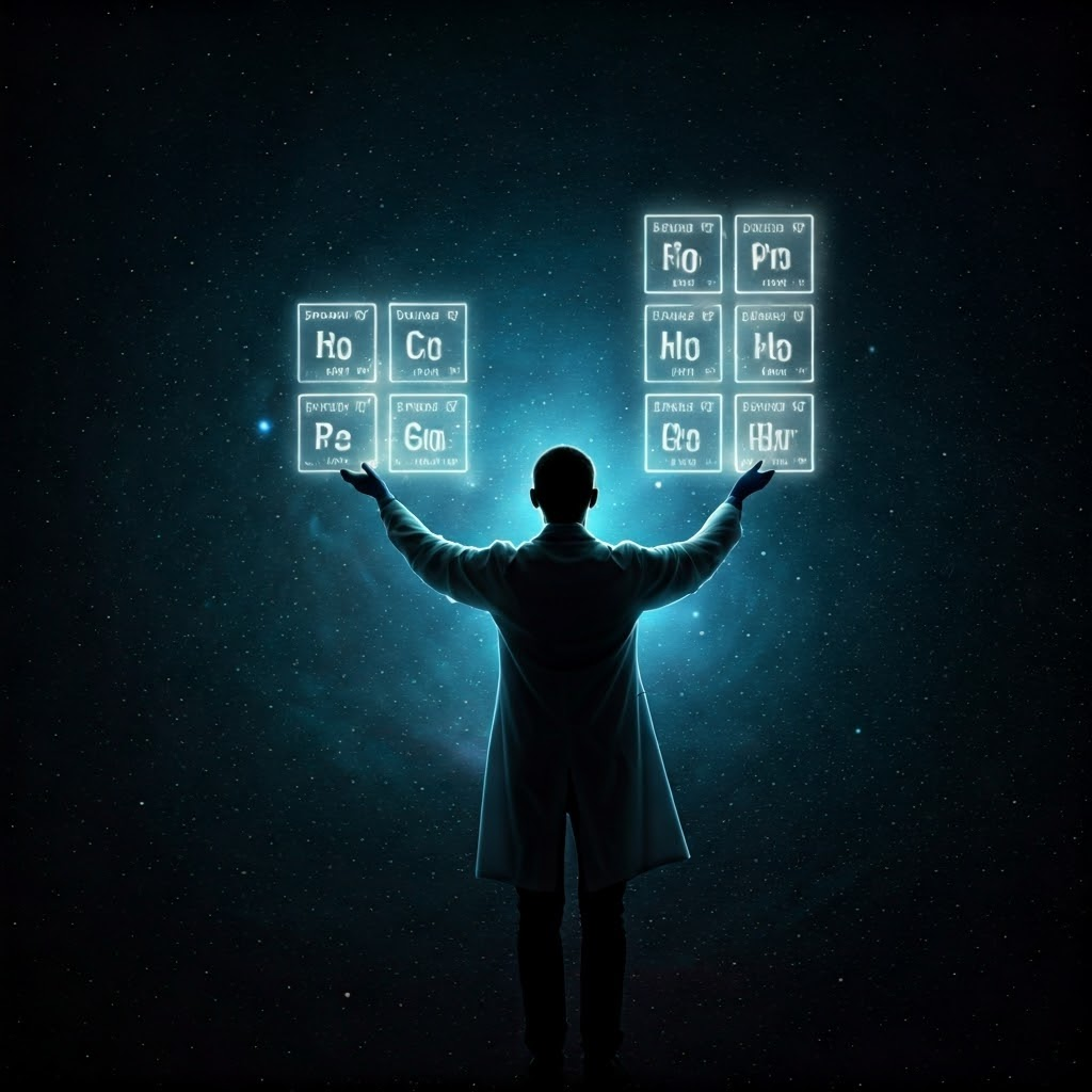 A scientist studies floating charts showing abundant hydrogen and helium