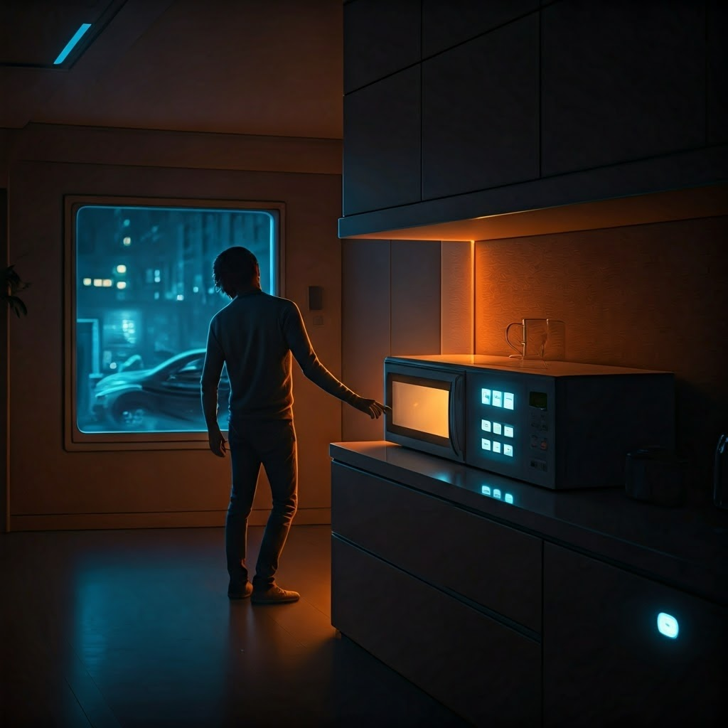 A person stands in a modern kitchen pressing a softly glowing microwave button while another adjusts a wall thermostat—illustrating everyday devices powered by embedded tech.