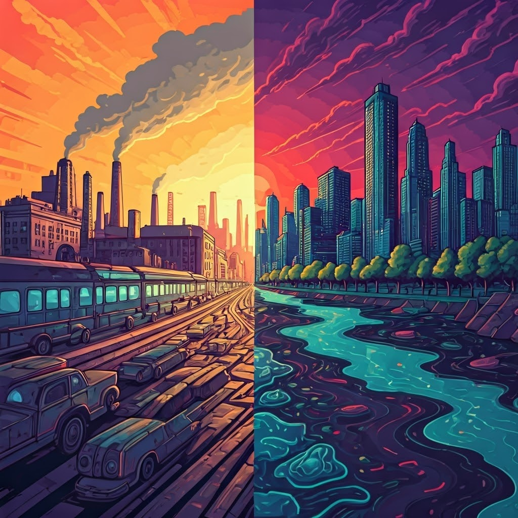 Retro-futuristic mural splitting 19th-century smoggy factories and a modern city with polluted river.
