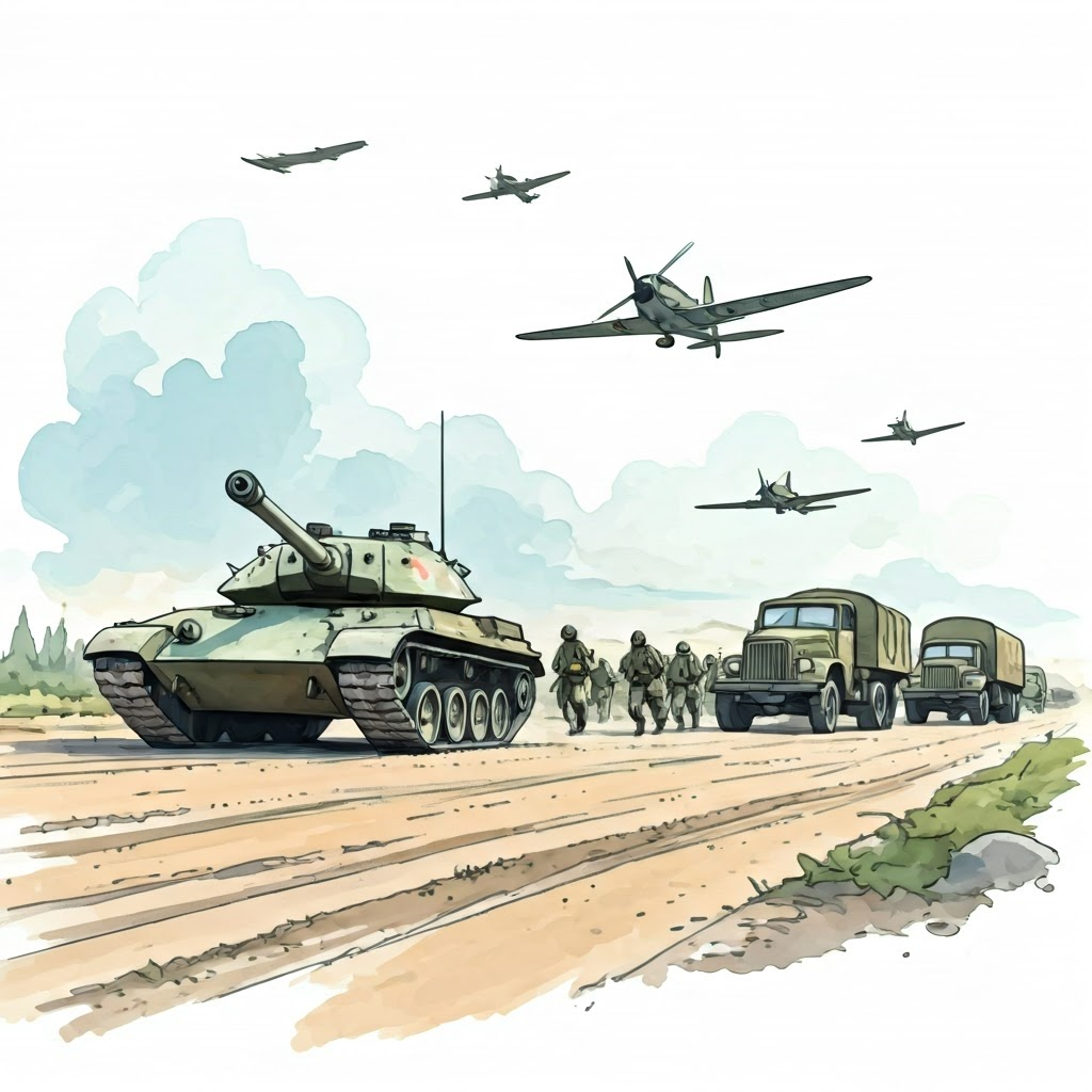 Tanks, trucks, infantry, and aircraft advance in sync, capturing flawless wartime coordination.
