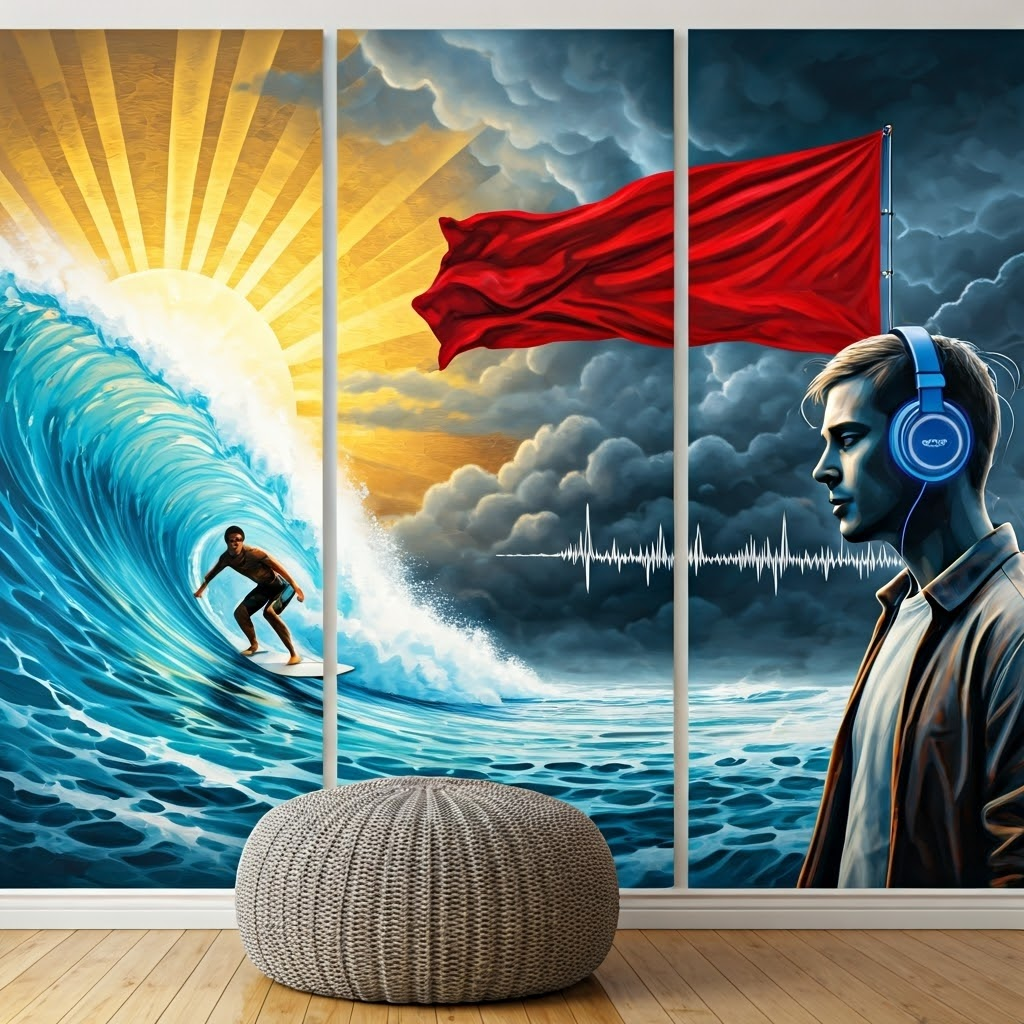 Surfer riding a wave, a flag whipping in wind, and headphones radiating sound, all highlighting everyday wave energy.