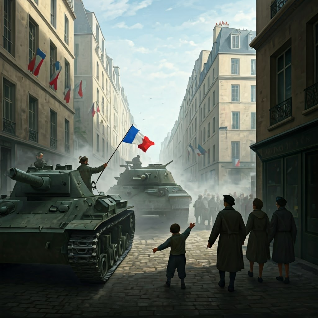 Civilians cheer as Allied tanks enter Paris streets with French Resistance flags waving overhead.