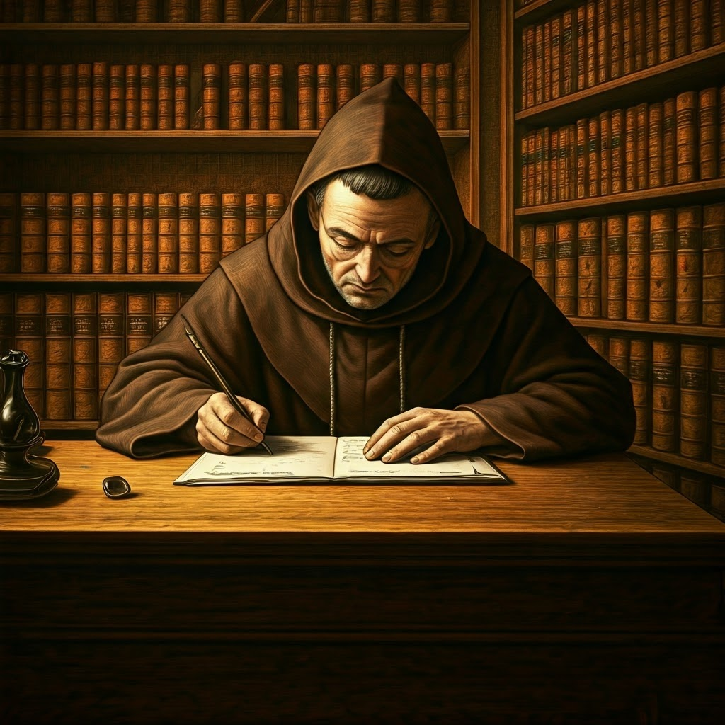 A weary monk copies a manuscript as digital glitch effects intersect with ornate engraving details.