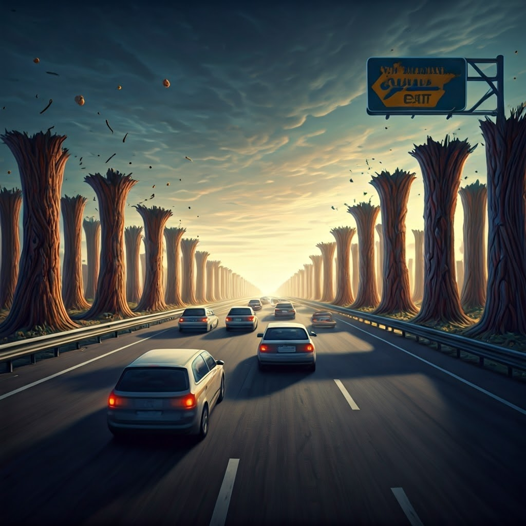 Surreal highway with crumbling villi pillars symbolizing malabsorption in celiac disease.