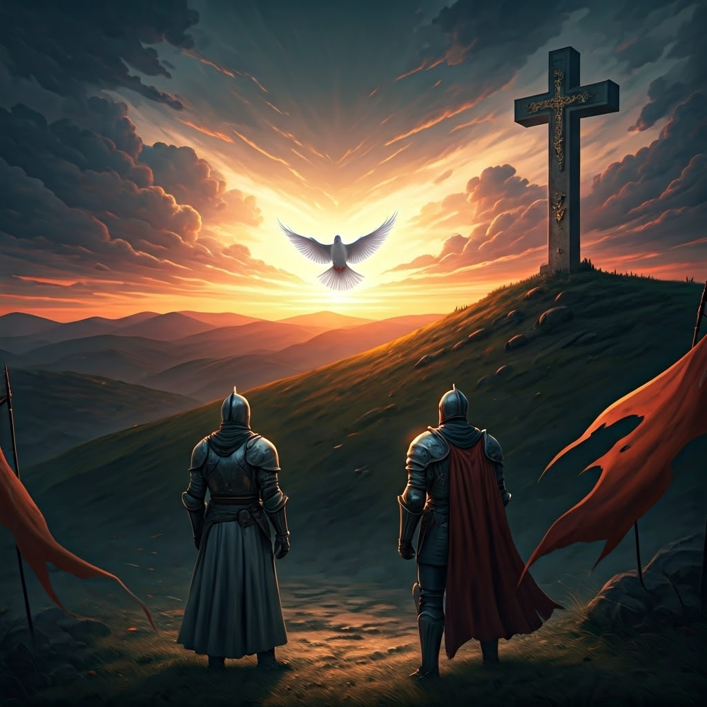 Fantasy warriors divided by a dove of peace against a cross-carved hill symbolizing just-war ethics