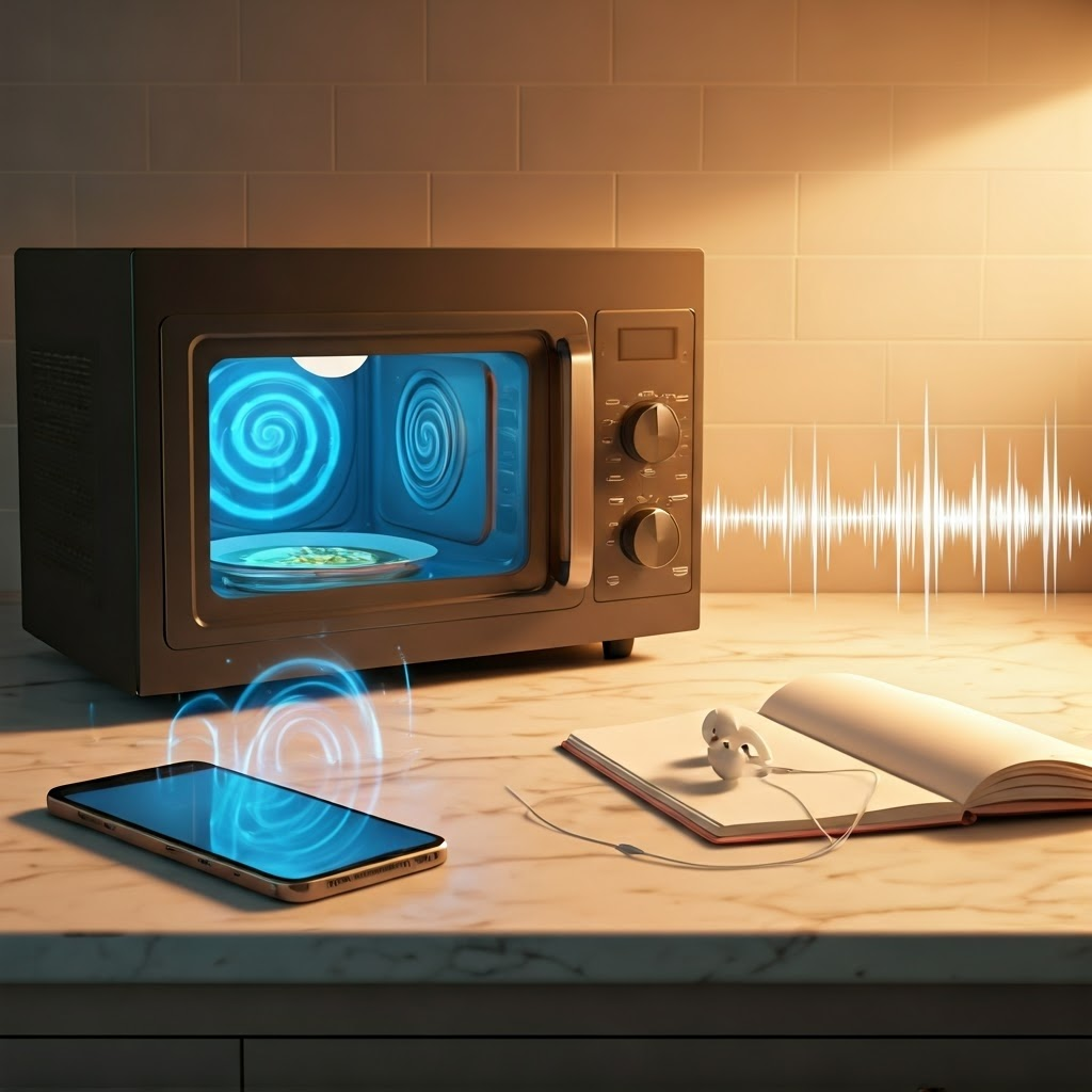 Smartphone emitting radio waves, microwave heating soup, and earbuds floating sound forms, showing everyday wave tech.